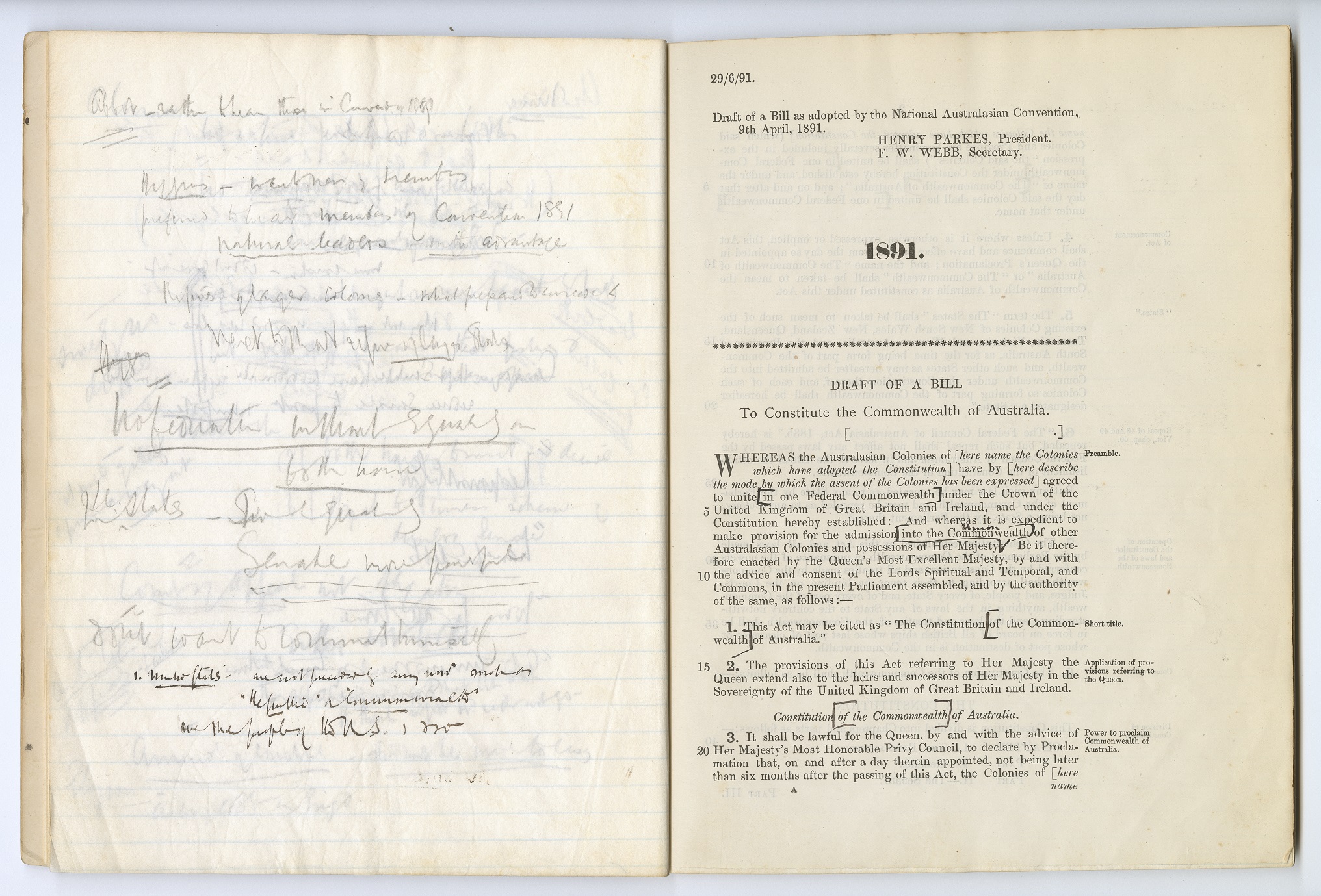 Sir Josiah’s handwritten notes on the 1891 Draft of a bill to constitute the Commonwealth of Australia SLSA: RBR 342.9402 b  