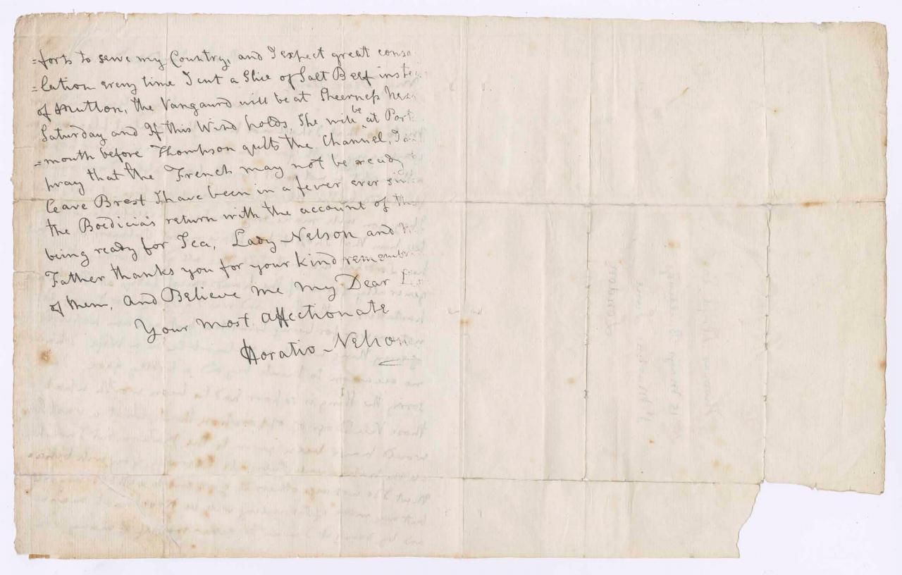 The other side of the letter which features Horatio Nelson’s signature. 