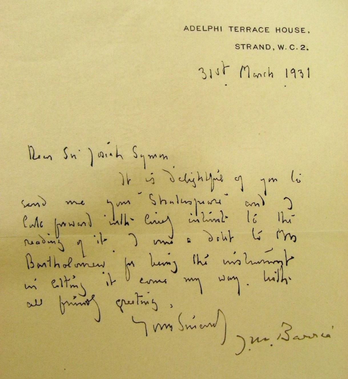 Letter written by J.M. Barrie to Josiah Symons, 1931.