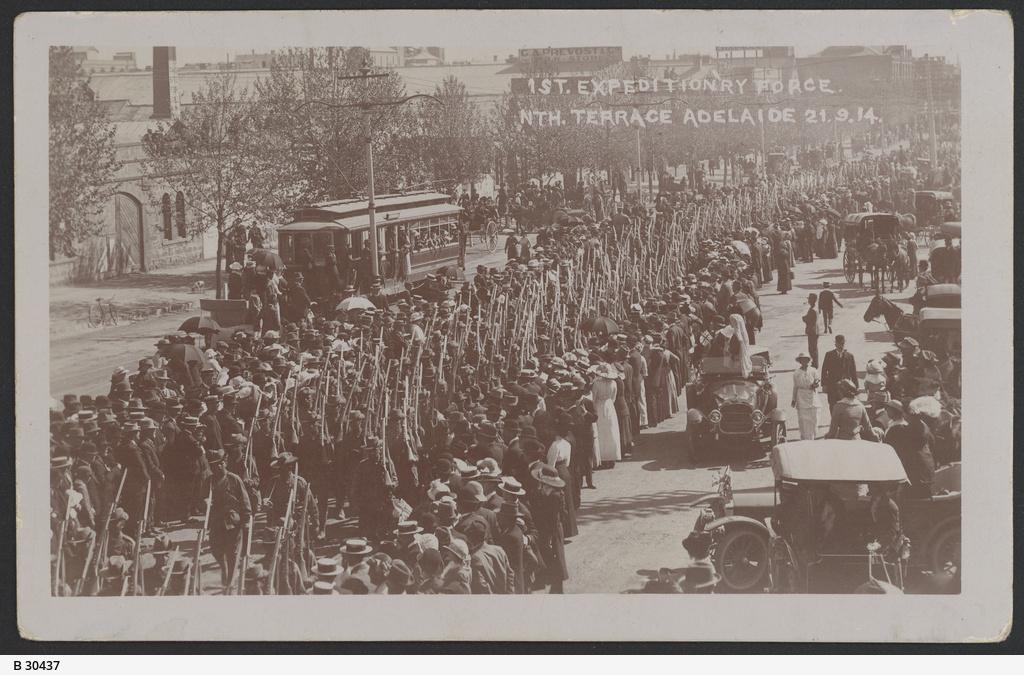 Parade of the first contingent of South Australian soldiers, 1914. SLSA: B 30437