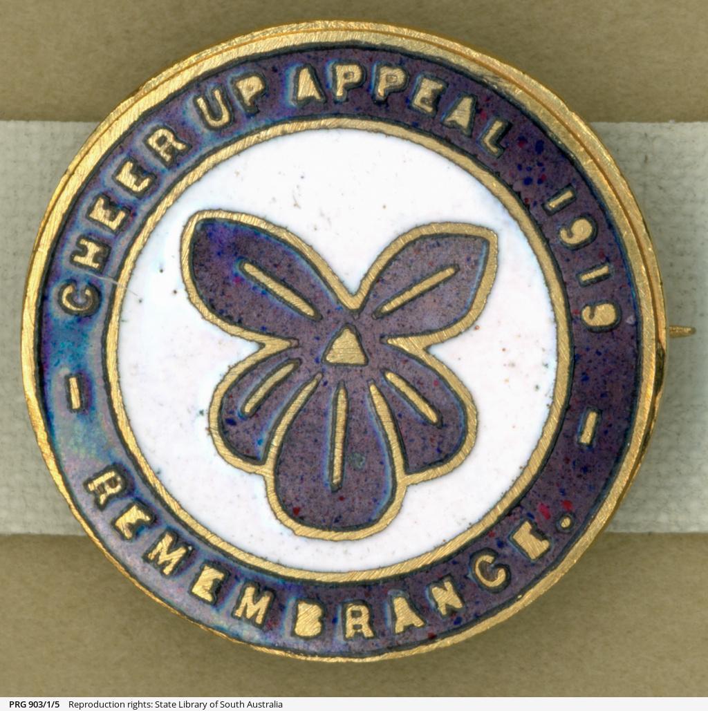 'Cheer Up Appeal 1919 - Rememberance', a commemorative badge collected by Lottie Michell between 1915-1919. SLSA: PRG 903/1/5
