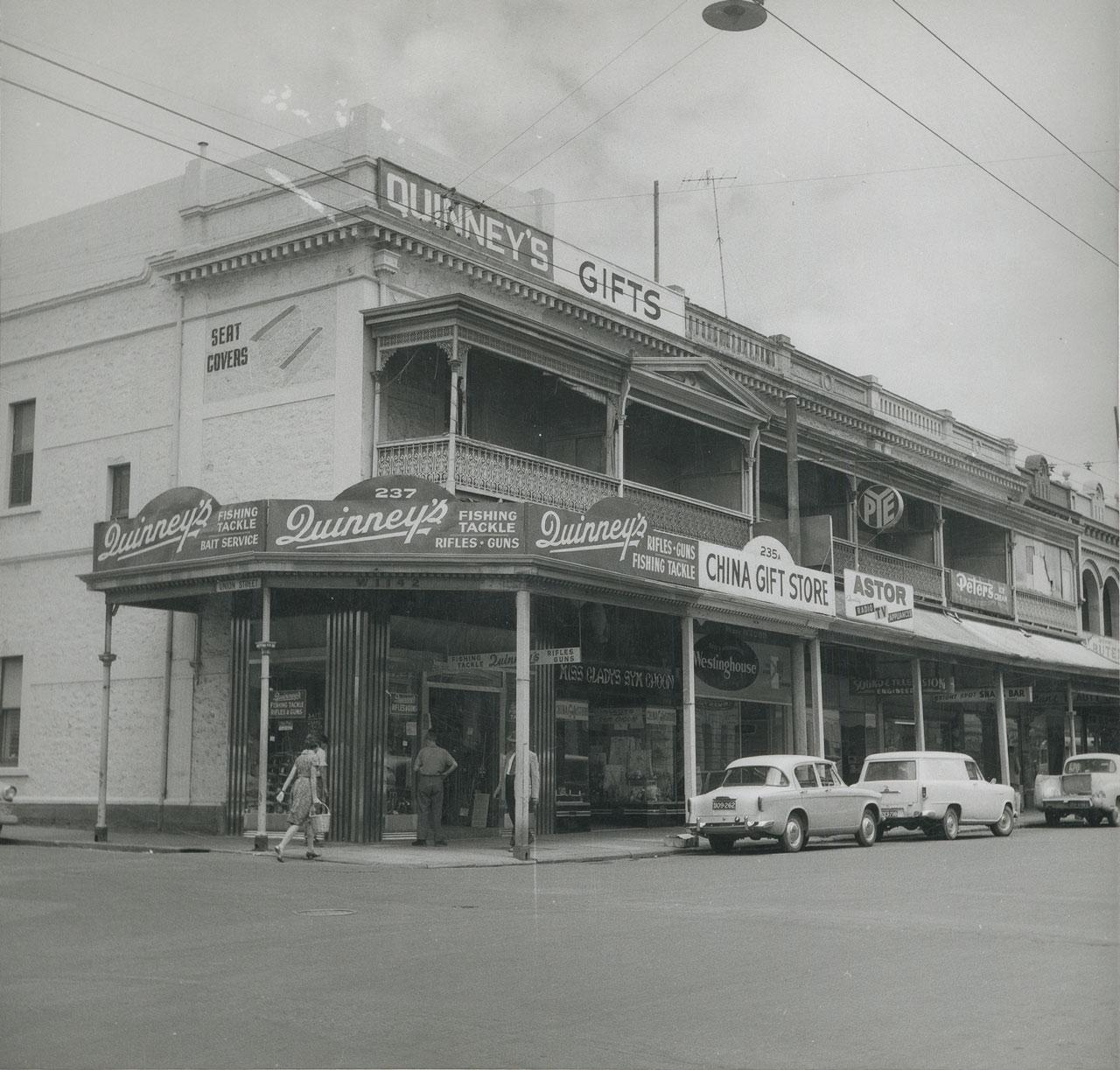 A group of shops on Rundle Street, Adelaide featuring Miss Gladys Sym Choon and the 'China Gift Store', 1961. SLSA: B 14563