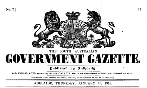 The South Australian Government Gazette no. 2, 10 January 1918, masthead