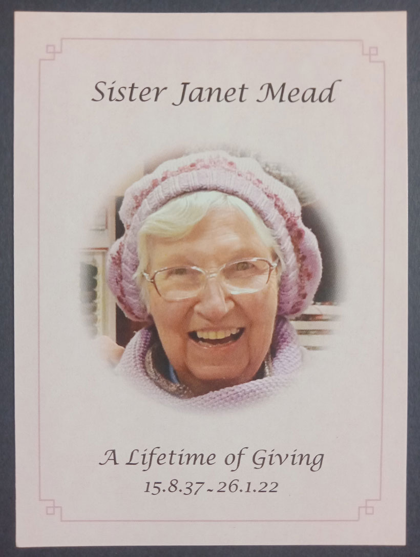 Memorial card for Sister Janet Mead.