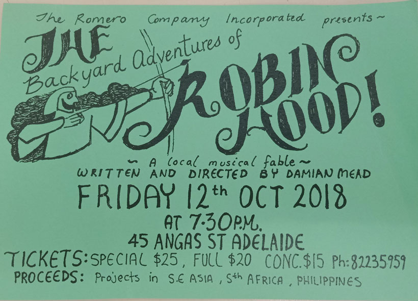 Green promotional flyer for The Backyard Adventures of Robin Hood