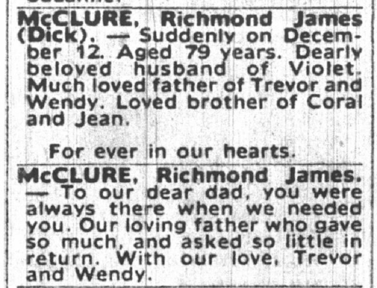 Richard McClure death notice 1987