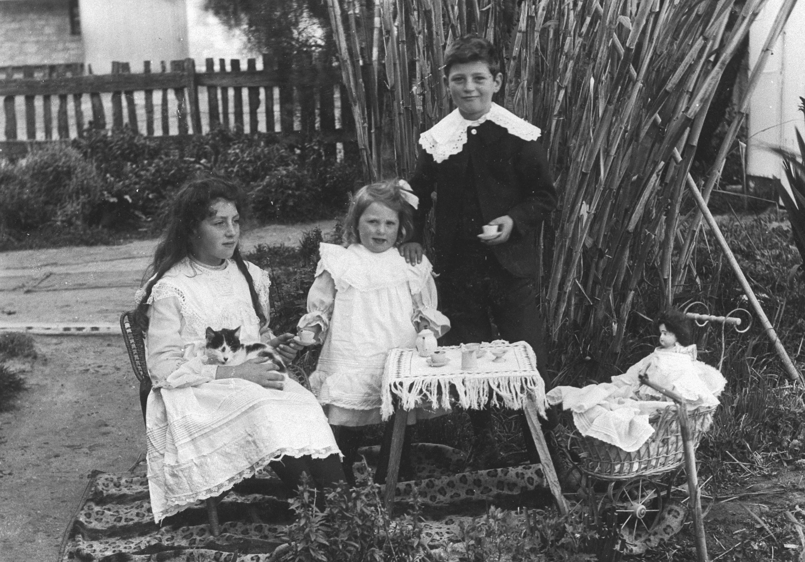 The children of William Albert Johnson, head-master at Bordertown school from 1902 to 1912, and Sylvesta Mary Amelia nee Ward, having a doll's tea party. The eldest girl, Doris, is holding a kitten.