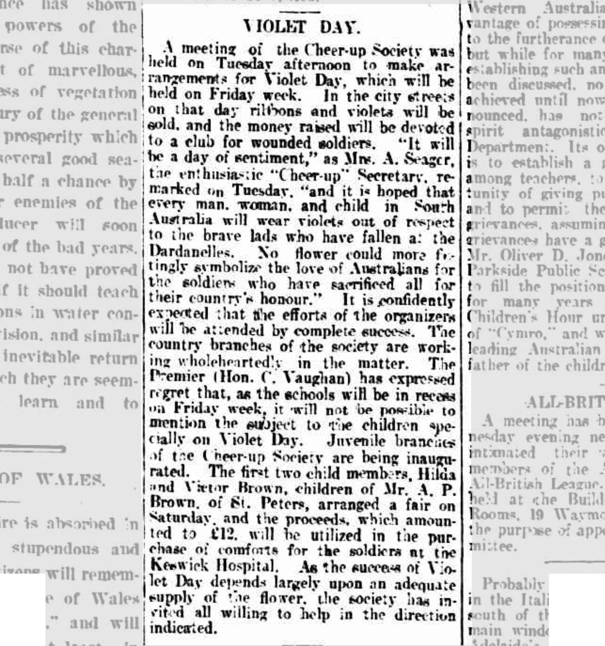 ‘Violet Day.’ The Register (Adelaide, SA 1901-1929, 23 June 1915, page 8. NLA: Trove 