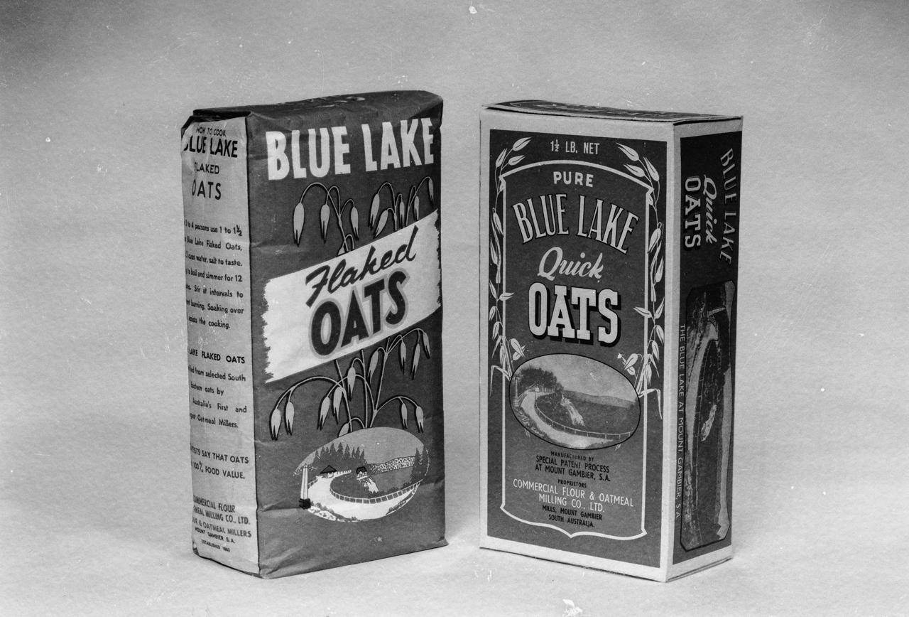 Photograph of ‘Blue Lake’ products: a packet of flaked oats and a box of ‘quick oats’. Arthur Studio, 1958. SLSA: BRG 347/36