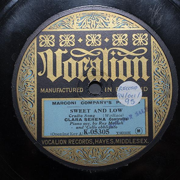 Image of the record 'Sweet and low' featuring Clara Serena and accompanied by pianist Roy Mellish. Vocalion Records, England.