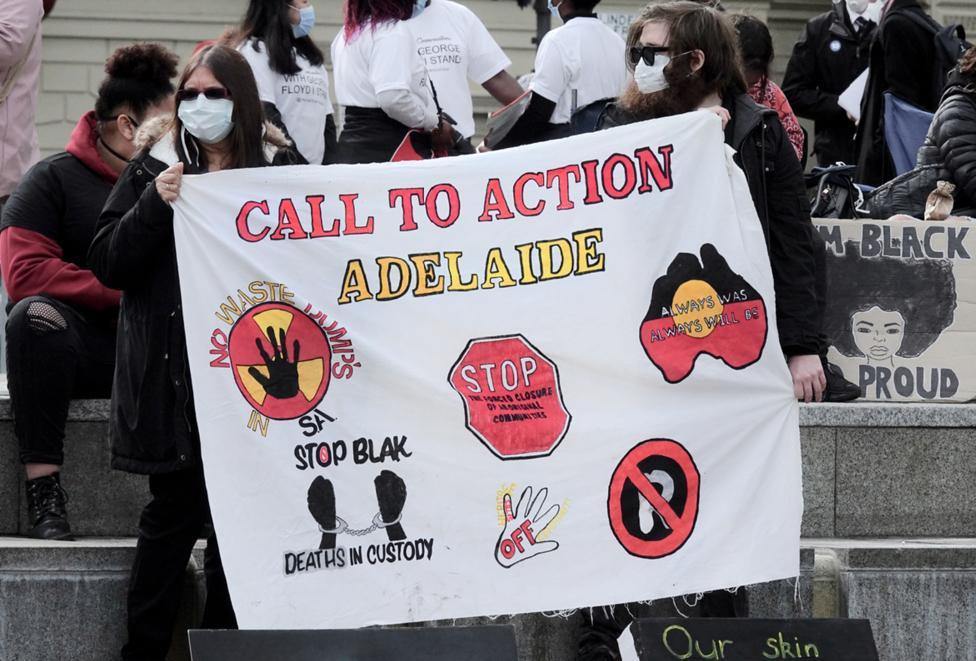 Protestors with a Call to Action Adelaide banner at the Black Lives Matter - Keep up the fight rally, Tarndanyangga (Victoria Square). [SLSA: PRG 1766/14/27]