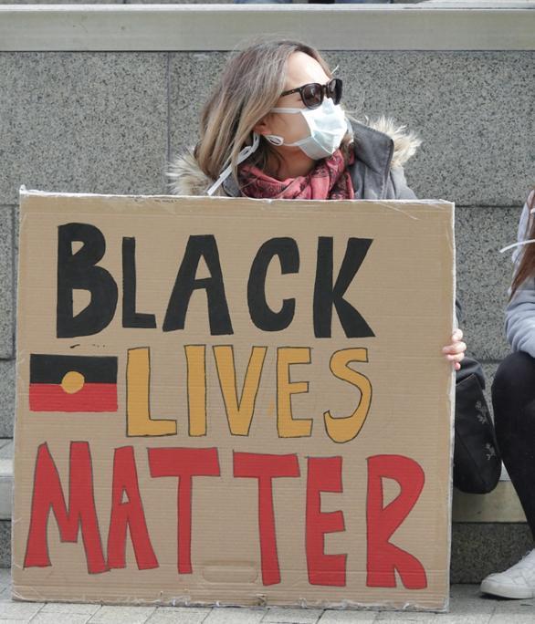 Black Lives Matter sign at the Black Lives Matter - Keep up the fight rally, Tarndanyangga (Victoria Square). [SLSA: PRG 1766/14/28]