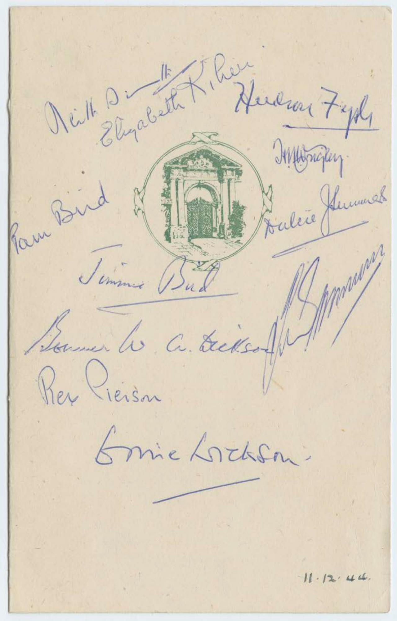 •	Autographed menu from Grosvenor House, London. Autographs include those of Keith Smith, Hudson Fysh and Rex Pierson (Vickers Ltd). SLSA: PRG 18/57/1