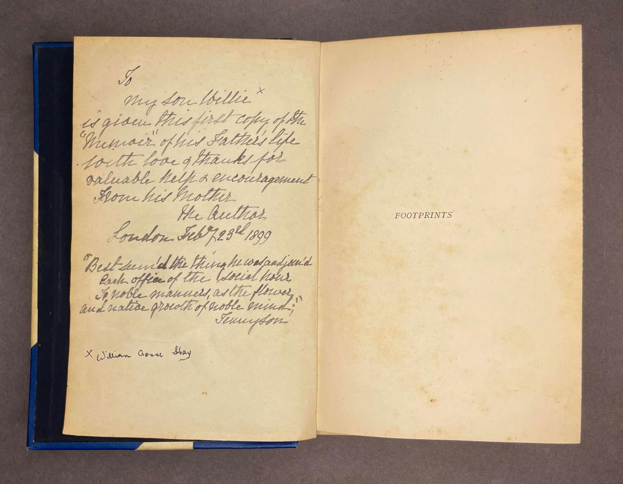 Inscription to Mr William Hall in one of the Footprints book