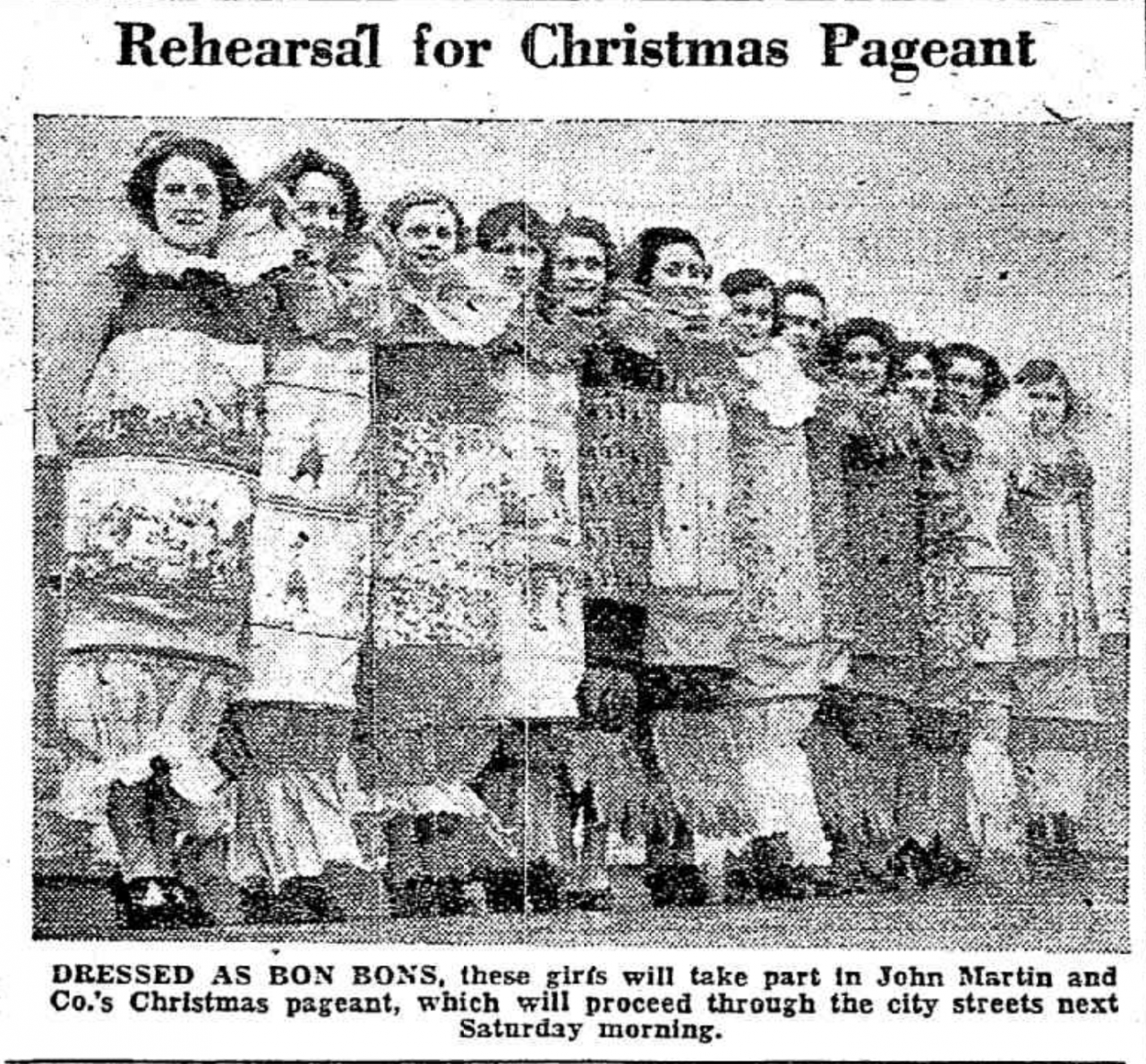 1934 'Rehearsal for Christmas Pageant', News. A newspaper clipping.