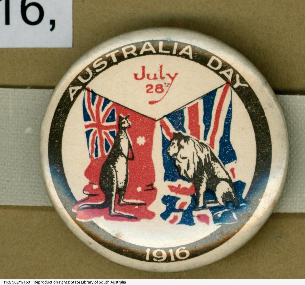 Australia Day badge 1916 showing British lion Australian kangaroo SLSA: PRG/903/1/160