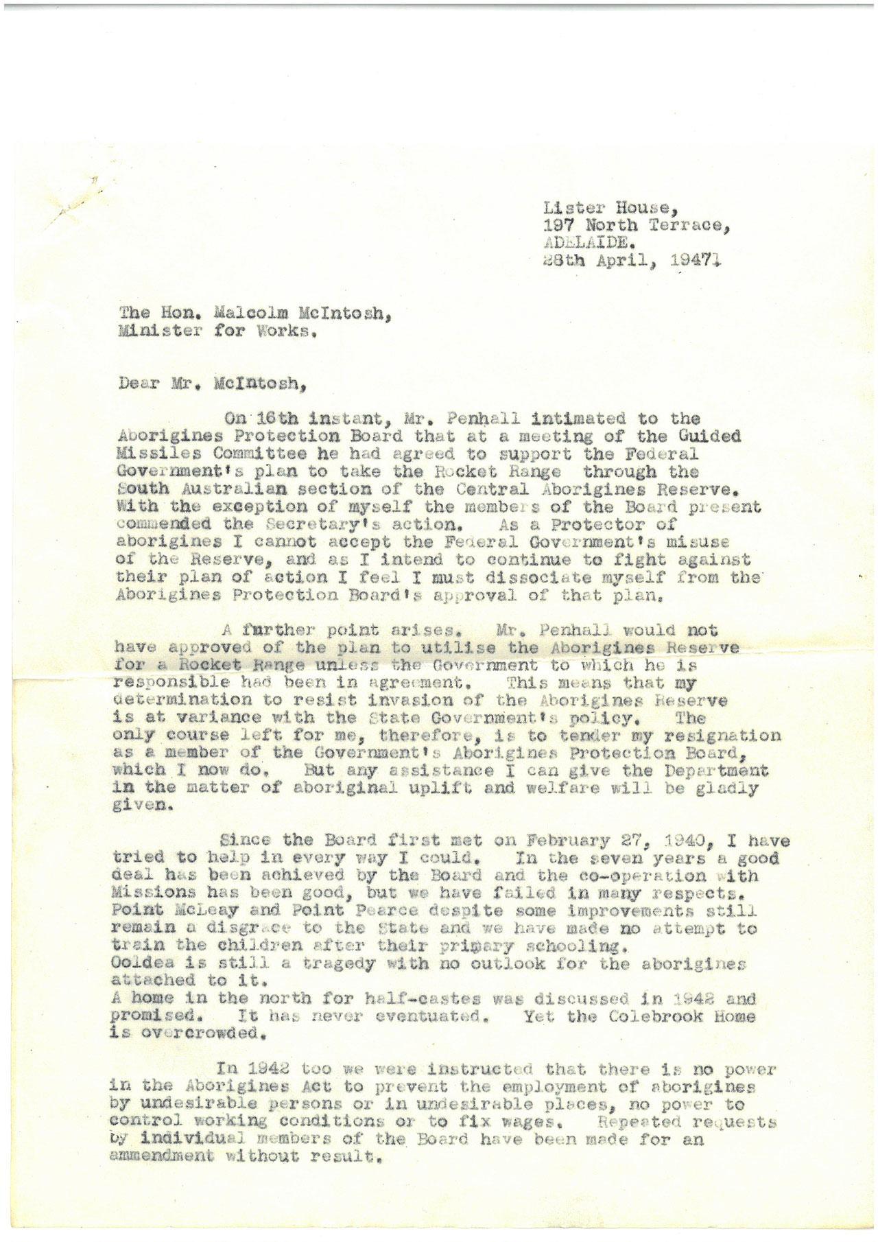 Letter written by Charles Duguid to Malcolm McIntosh, page 1. SLSA PRG/387/2
