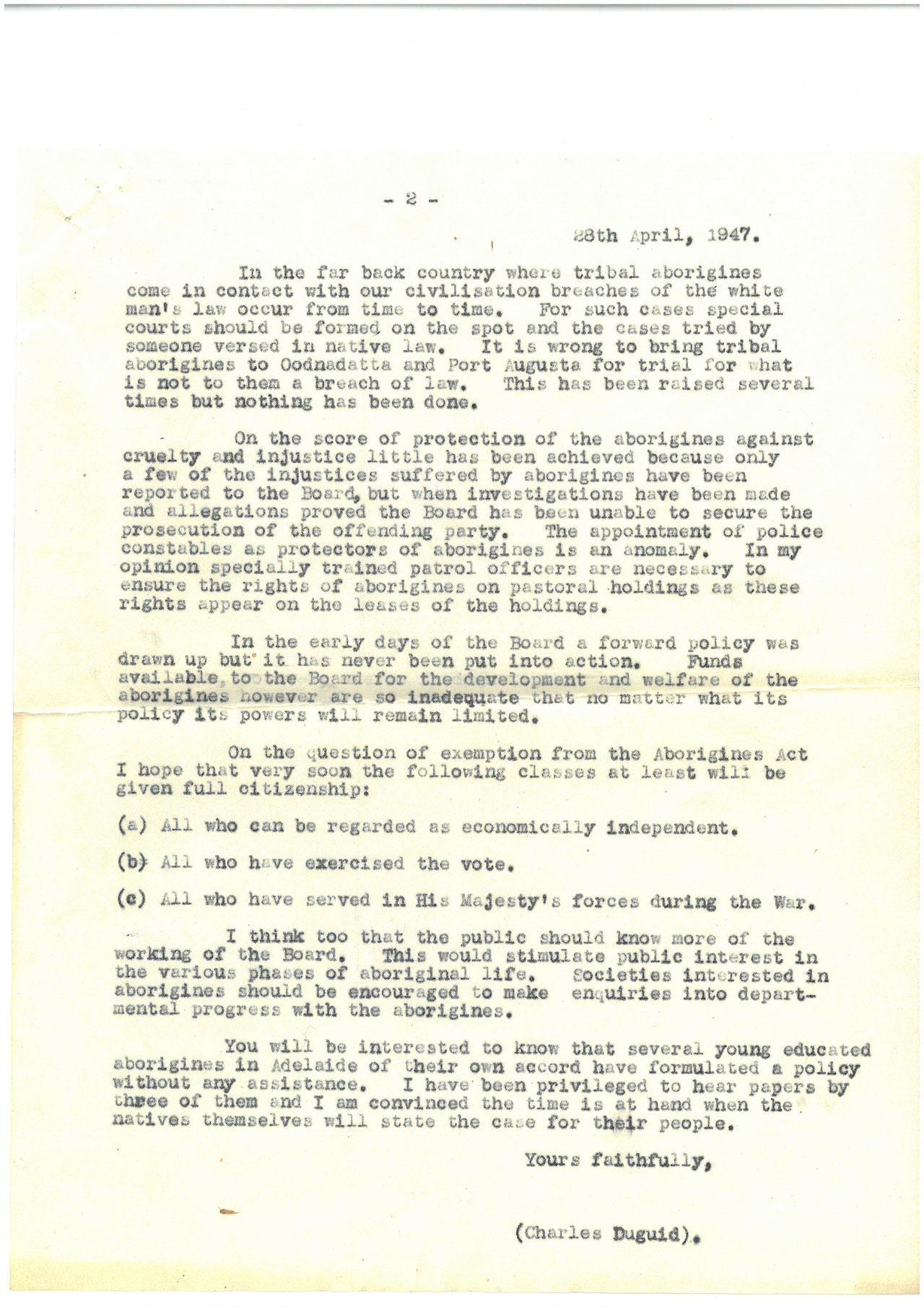 Letter written by Charles Duguid to Malcolm McIntosh, page 2. SLSA PRG/387/2