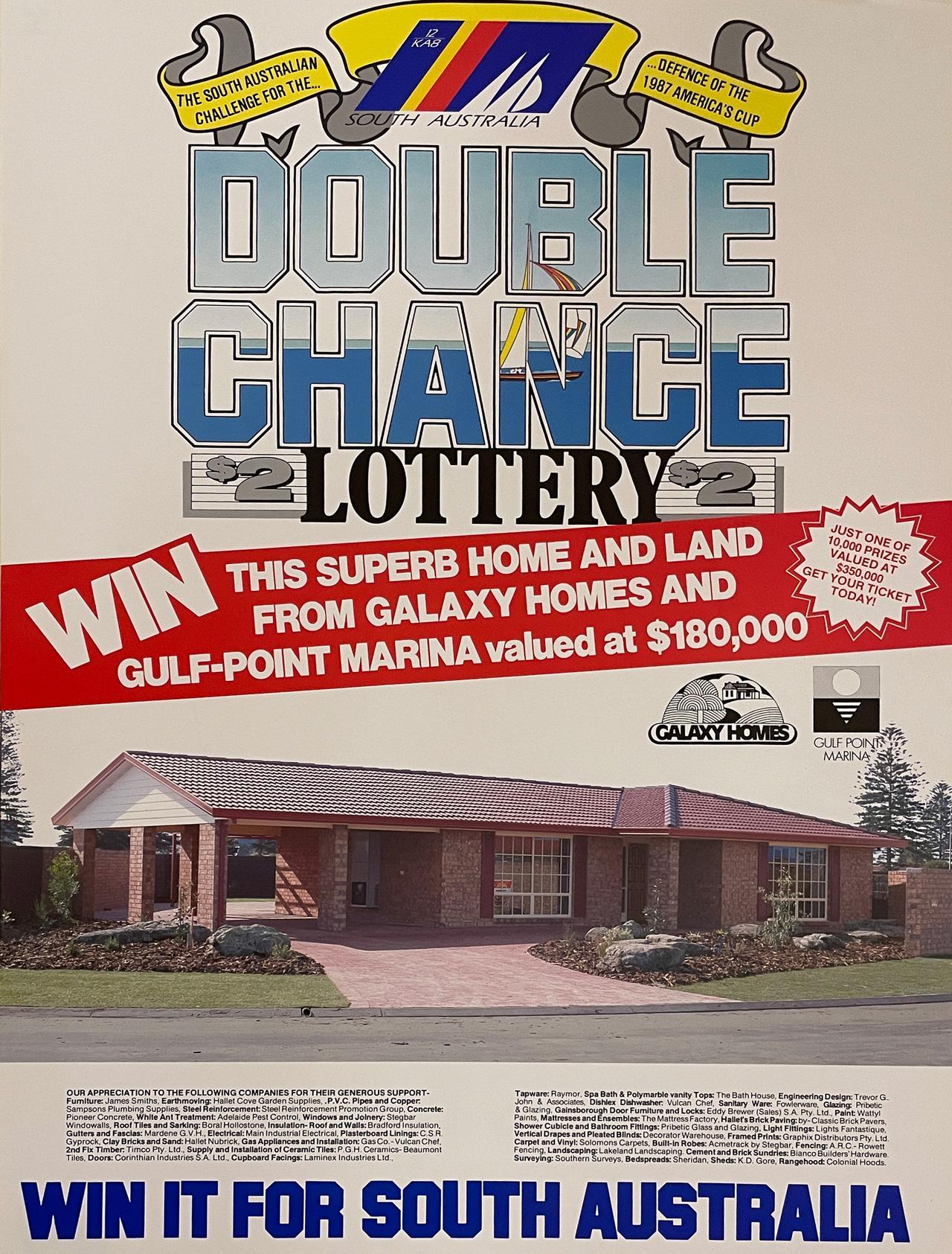 Grand prize in the SA Double Chance Lottery is a house and land package at North Point Marina. Poster, 1987.