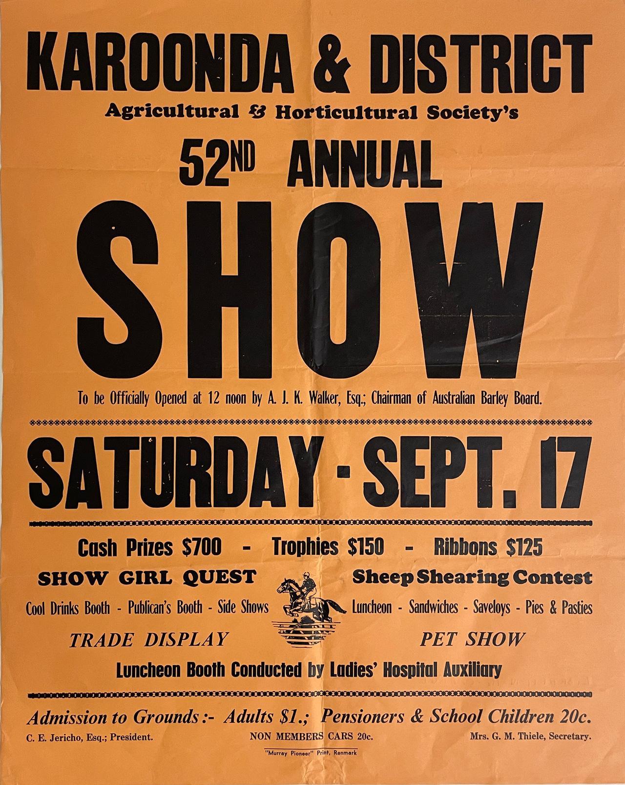 Karoonda and district, 52 annual show. Poster, 1955.