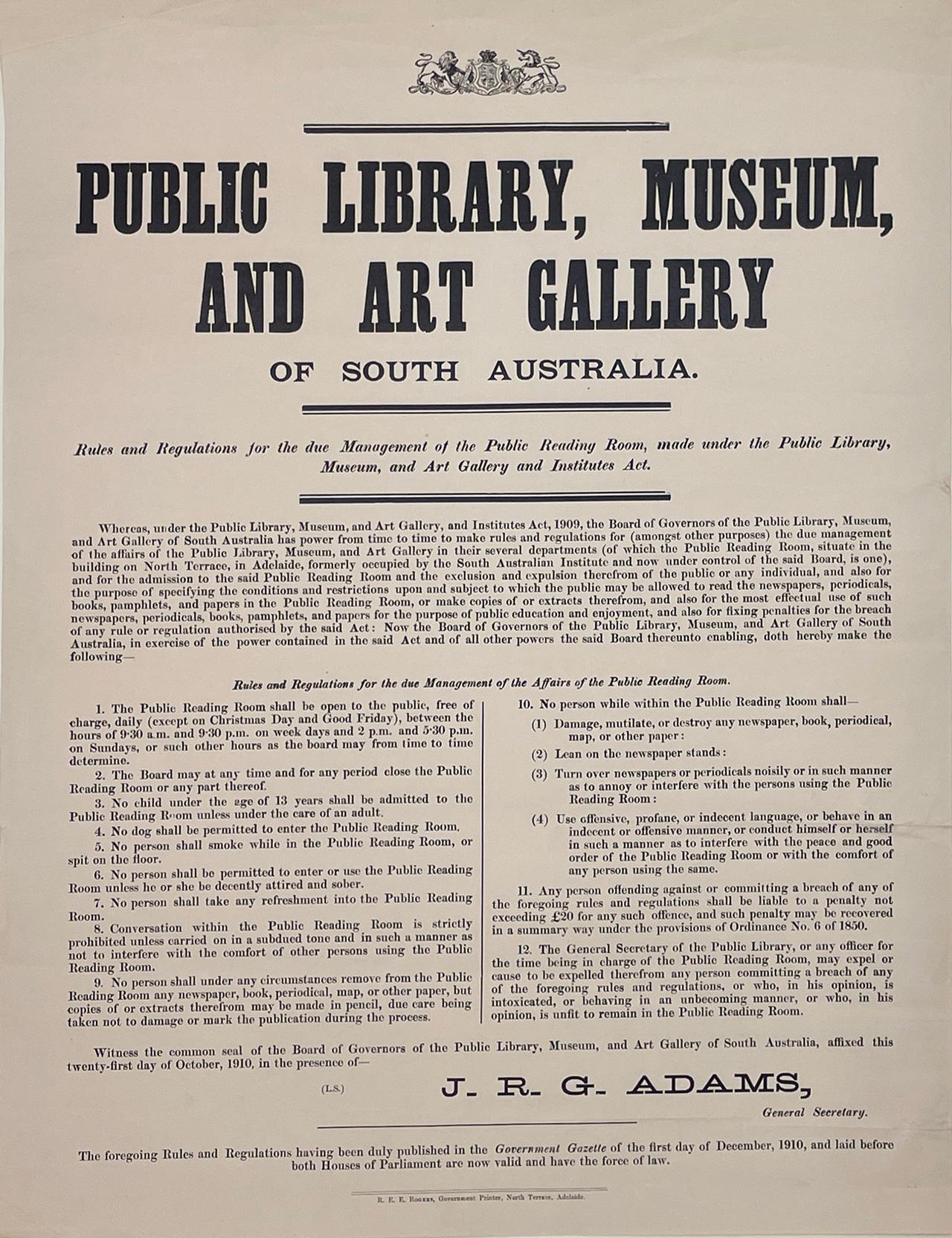 Public Library, Museum and Art Gallery. Poster, 1910.