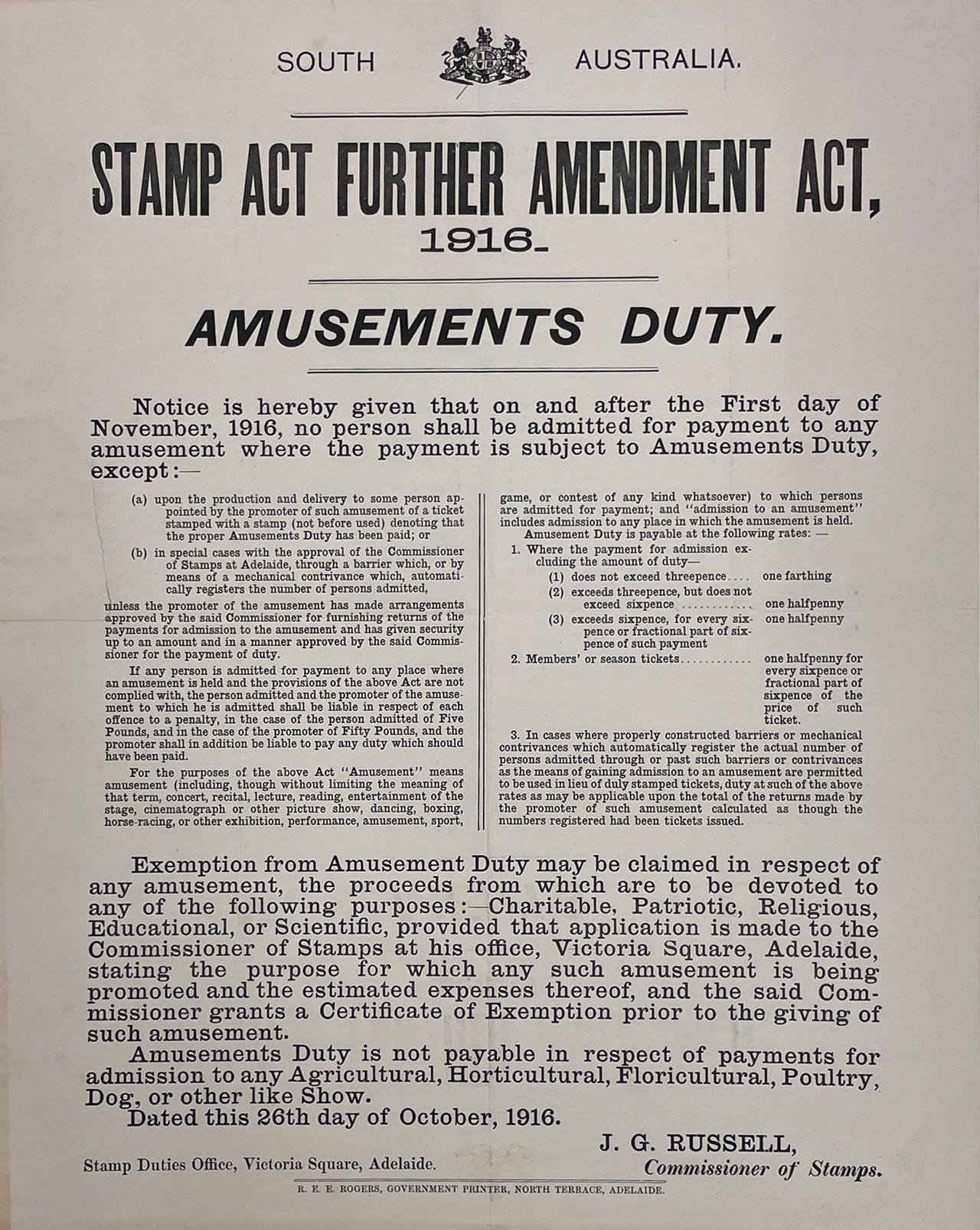 Stamp Act Further Amendment Act, introducing an amusement duty, Poster, 1916.