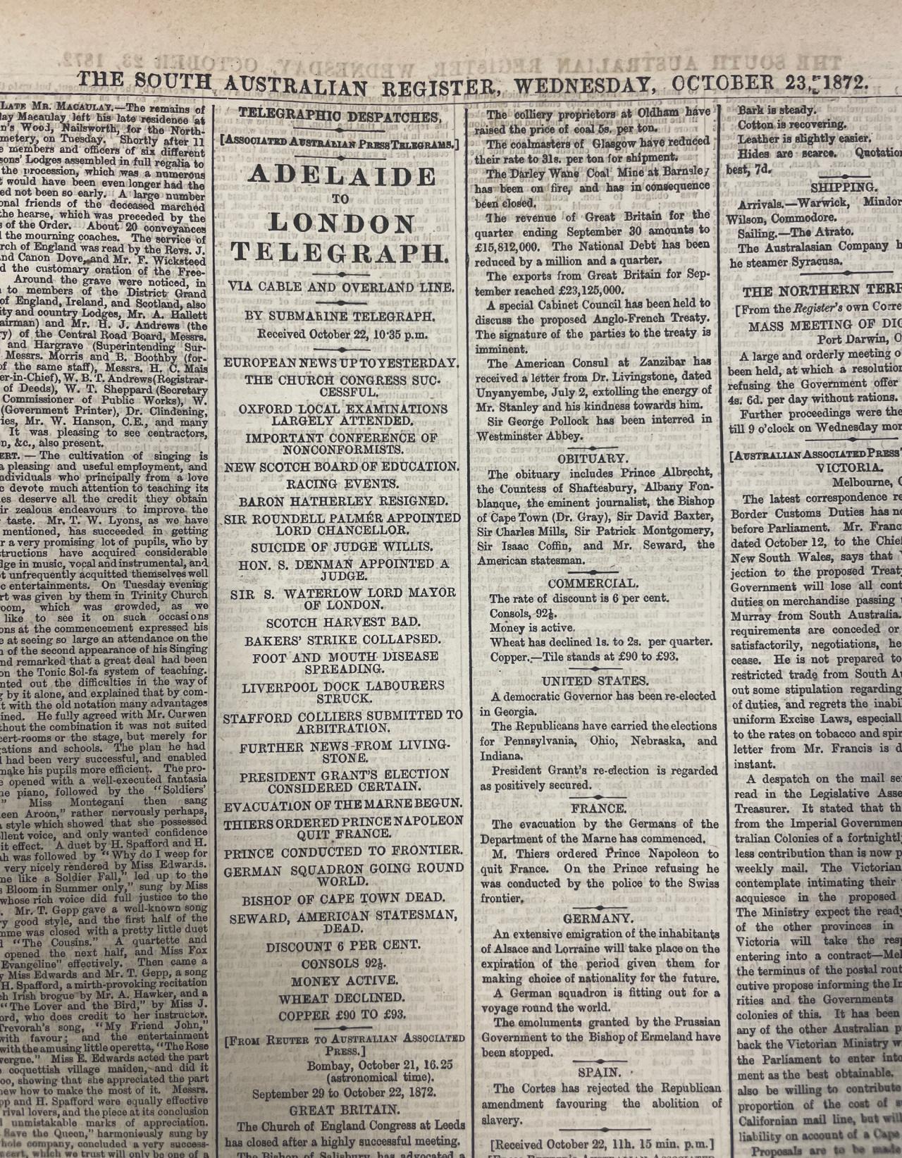 Photo of a section of page 5 of the The SA Register newspaper, that features a copy of the first telegram sent from Adelaide to London via the Overland Telegraph Line on 21 October 1972