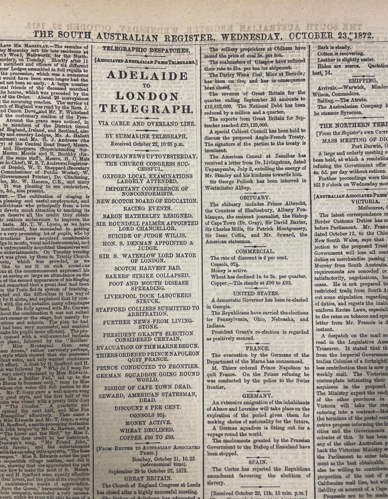 Photo of a section of page 5 of the The SA Register newspaper, that features a copy of the first telegram sent from Adelaide to London via the Overland Telegraph Line on 21 October 1972