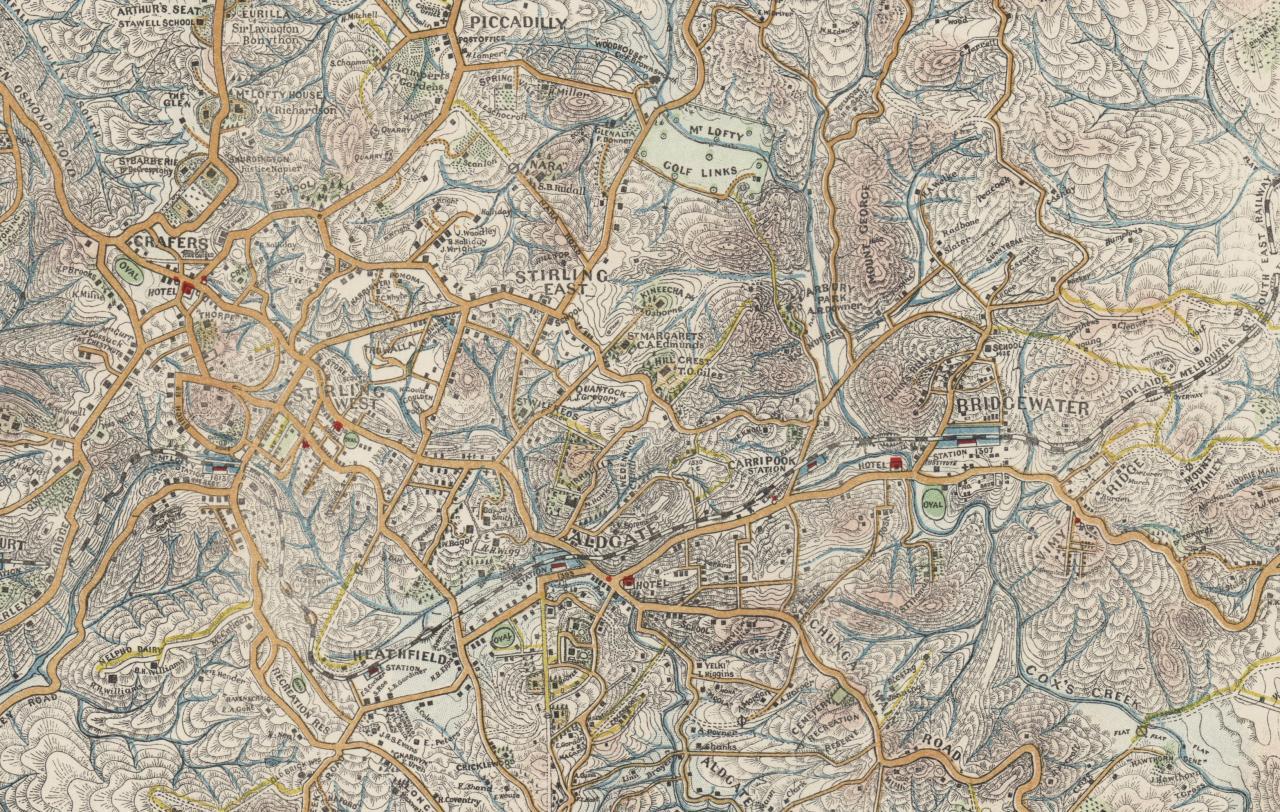 Crop of the Road plan of Adelaide Hills featuring the Crafers to Bridgwater section. SLSA: Map Collection C283