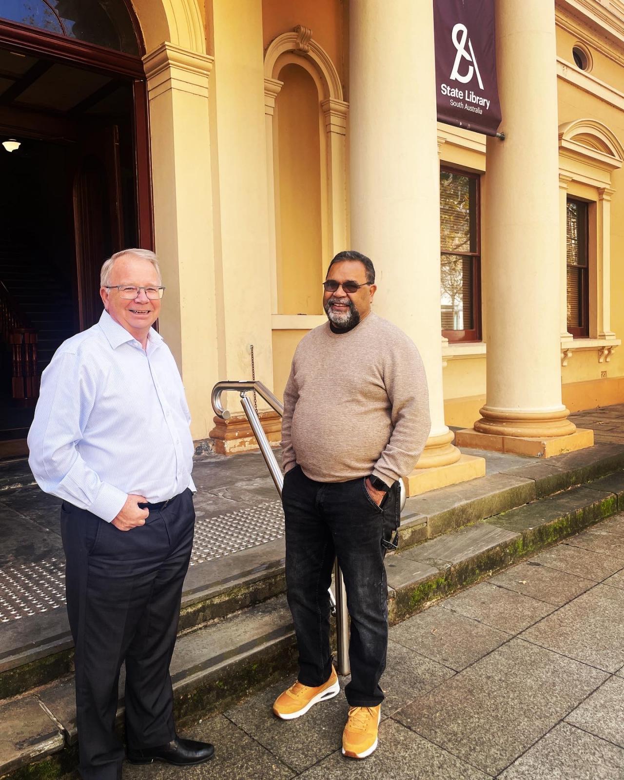 Geoff Stremple and Tim Aguis outside the Institute Building