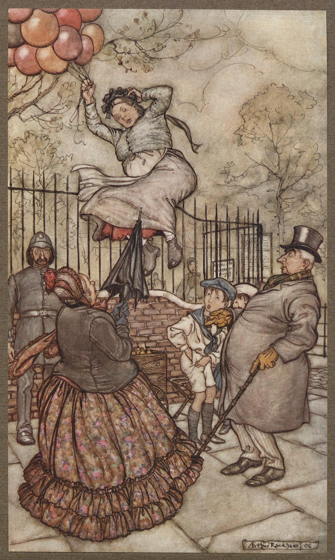 The balloon lady, illustrated by Arthur Rackham, featured in Peter Pan in Kensington Park