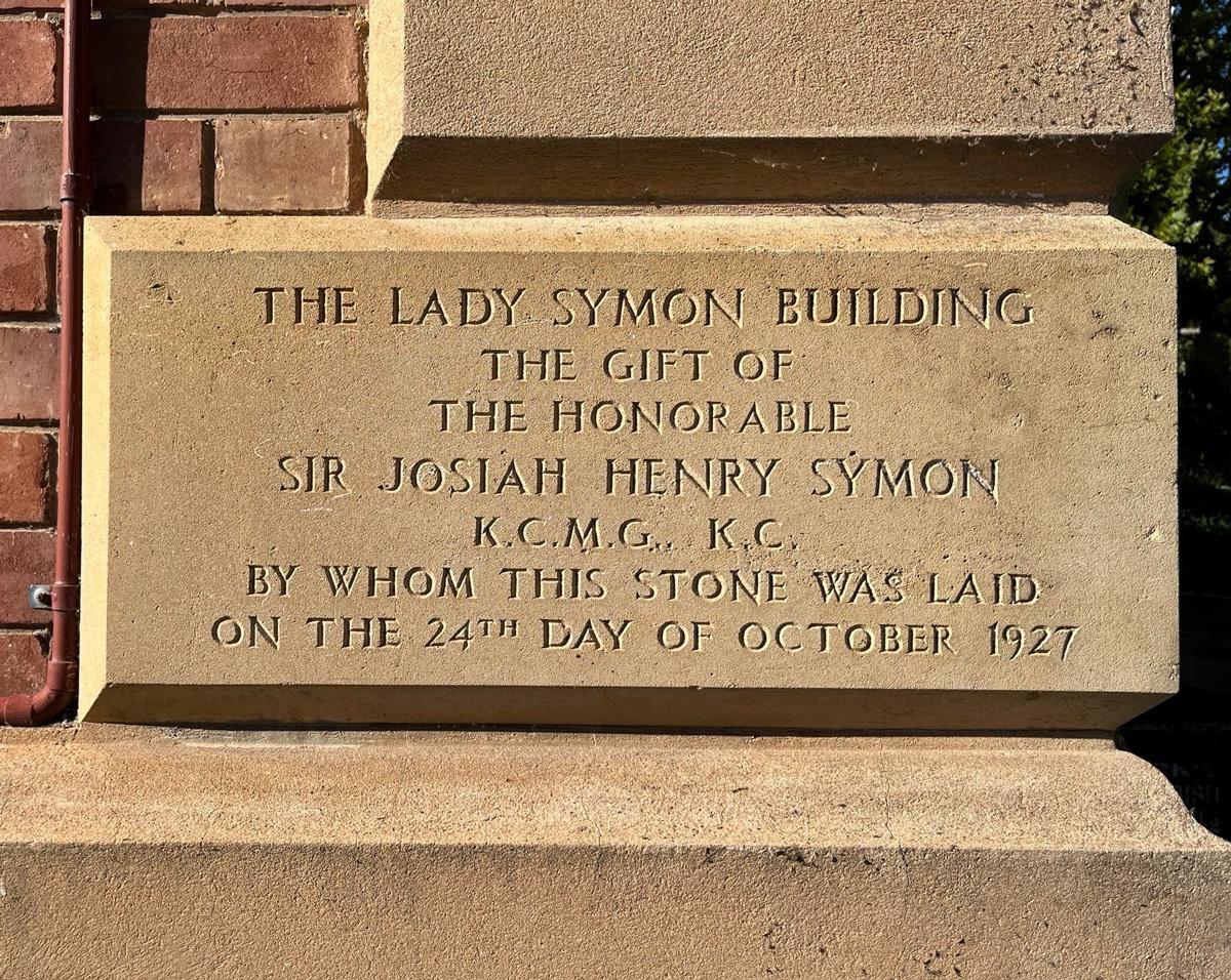 The foundation stone in the Lady Symon Building.
