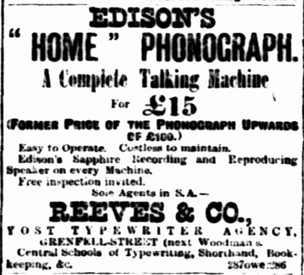 Edison home phonograph, advert in The Advertiser. Trove, NLA.