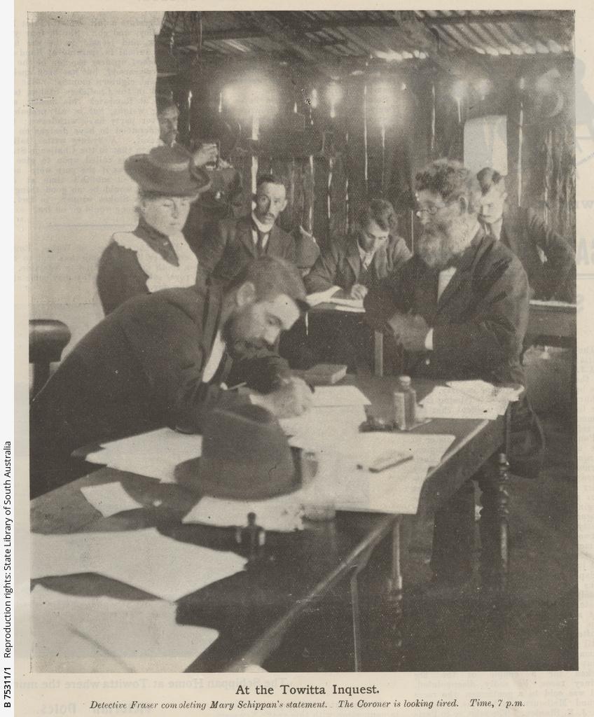 'At the Towitta Inquest. Detective Fraser completing Mary Schippan's statement. The Coroner is looking tired. Time 7 p.m.' Photograph published in 'The Critic' newspaper on 18 January 1902 SLSA: B 75311/1 