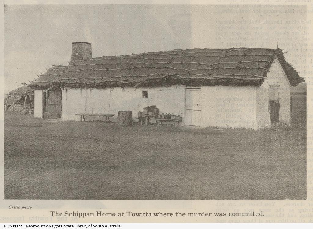 'The Schippan Home at Towitta where murder was committed.' Photograph published in 'The Critic' newspaper on 18 January 1902. SLSA: B 75311/2 