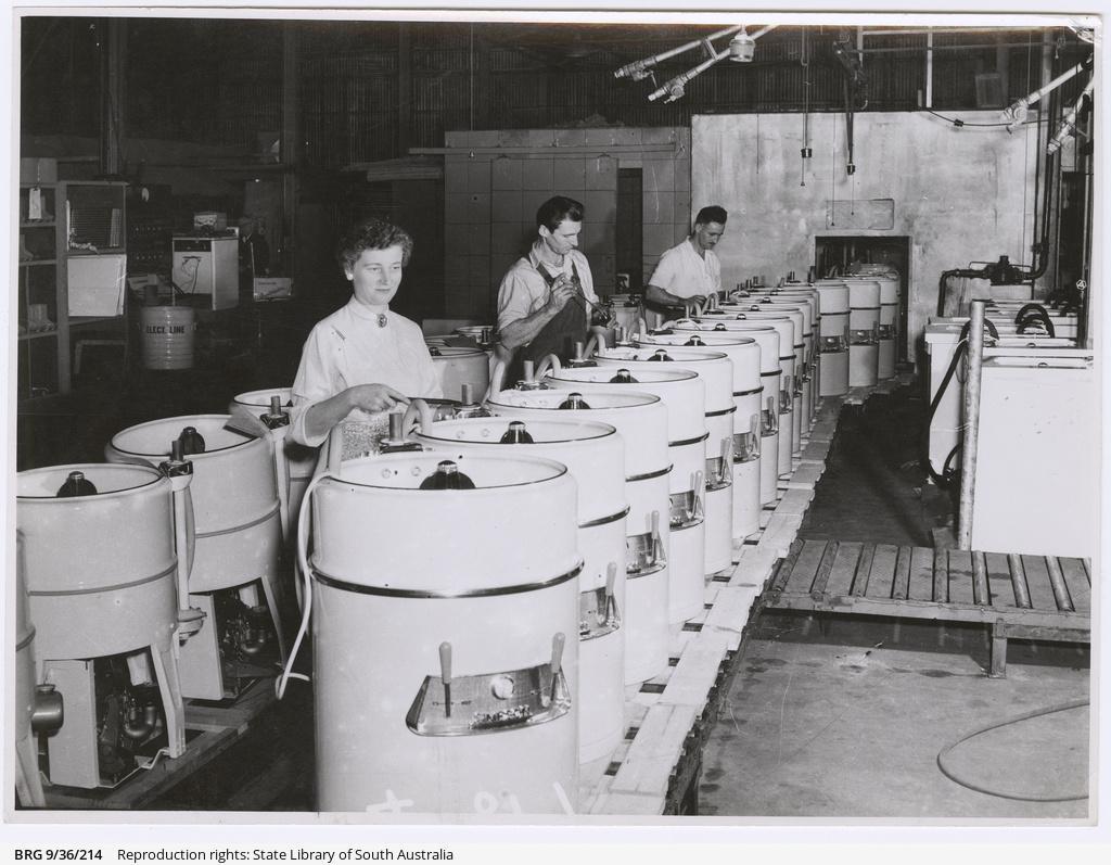 Workers on the factory floor, producing washers, c1950. SLSA: BRG 9/36/214 