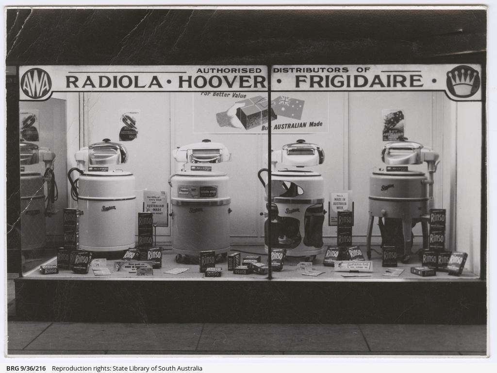 Simpson washers in display window of a store, c1950. SLSA: BRG 9/36/216 