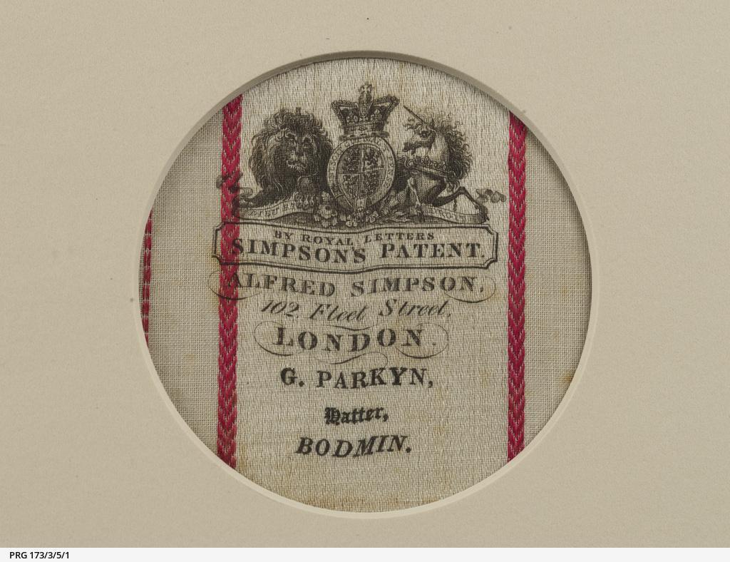 Hat liners in silk from Alfred Simpson’s hat making business in London, framed and under glass. SLSA: PRG 173/3/5/1 