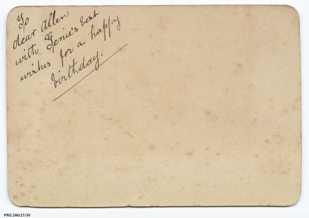 Back of a birthday greeting wish to Allen Simpson; watercolour on card, c1900. SLSA: PRG 246/21/3V  