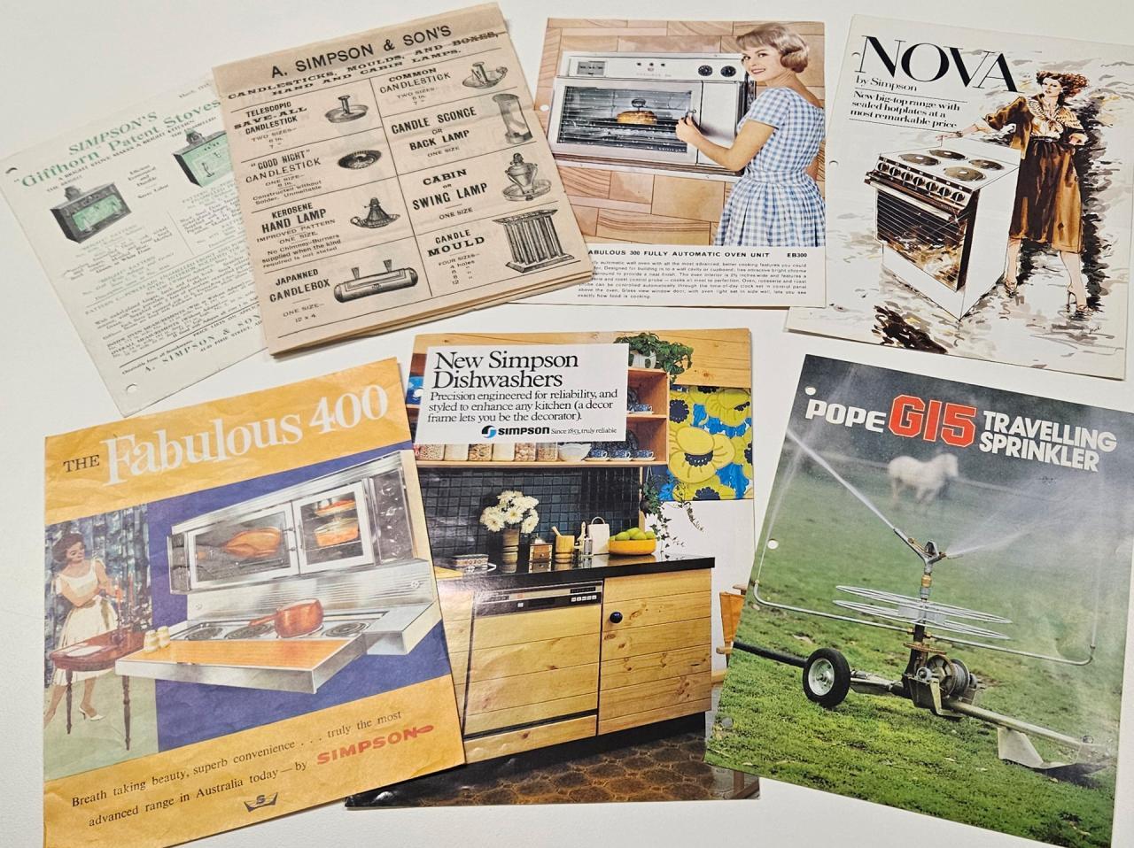 A collection of product catalogues, brochures, and pamphlets, featured in A. Simpson & Son (BRG 9).
