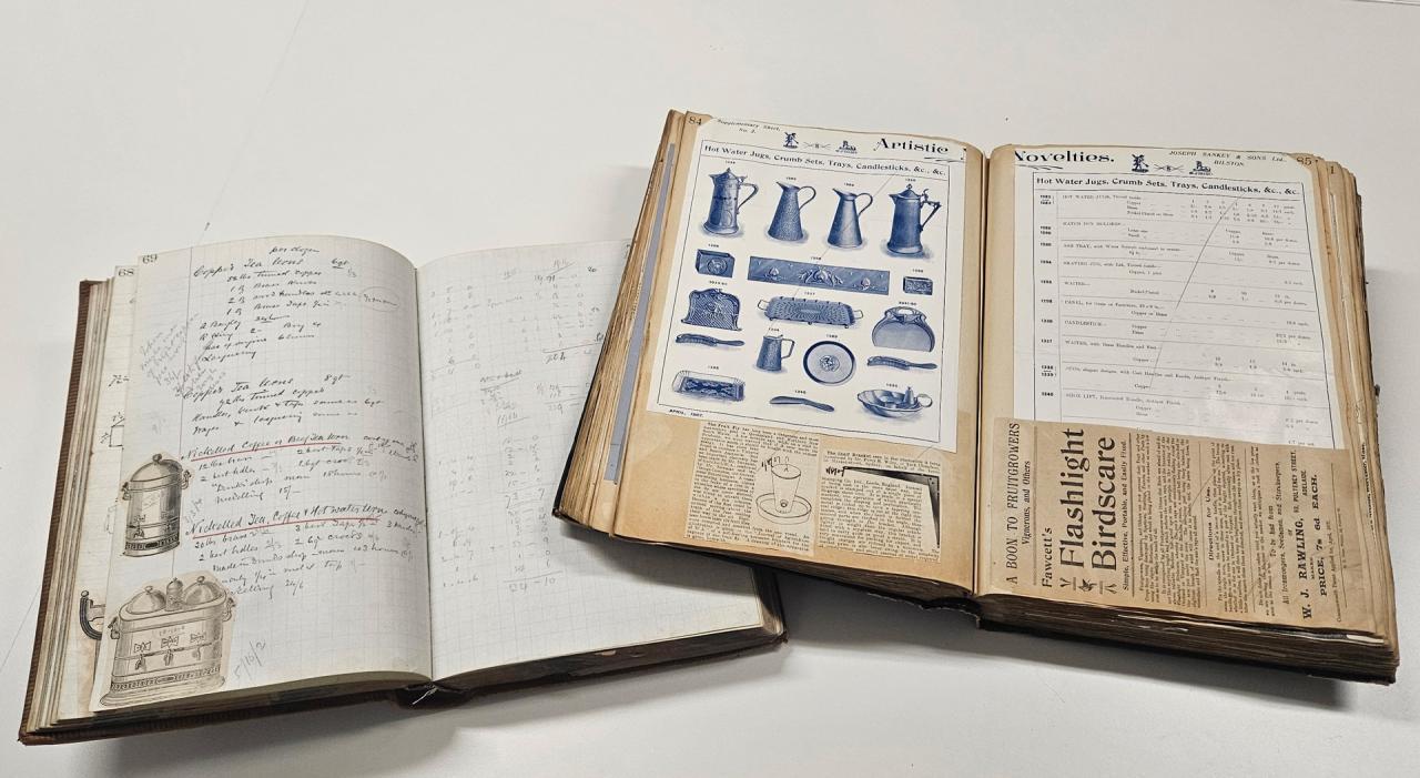A collection of Manufacturing Specification scrapbooks recording how much metal/material and associated costings required to manufacture the products, featured in A. Simpson & Son (BRG 9). 