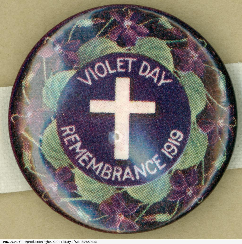 'Violet Day Remembrance 1919', a commemorative badge collected by Lottie Michell between 1915-1919. SLSA: PRG 903/1/6