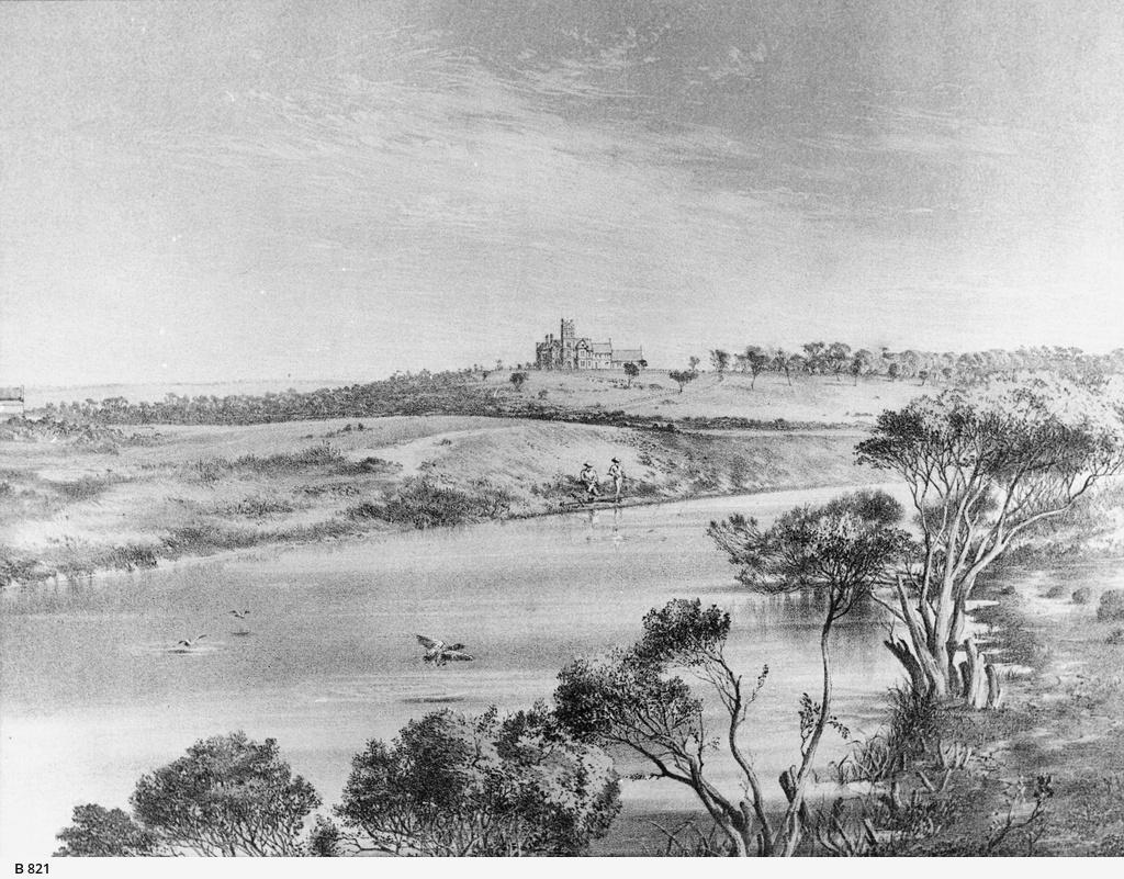 View of the residence, Mount Breckan, owned by the Hon. Alexander Hay, seen in the distance across a river. SLSA: B 821 