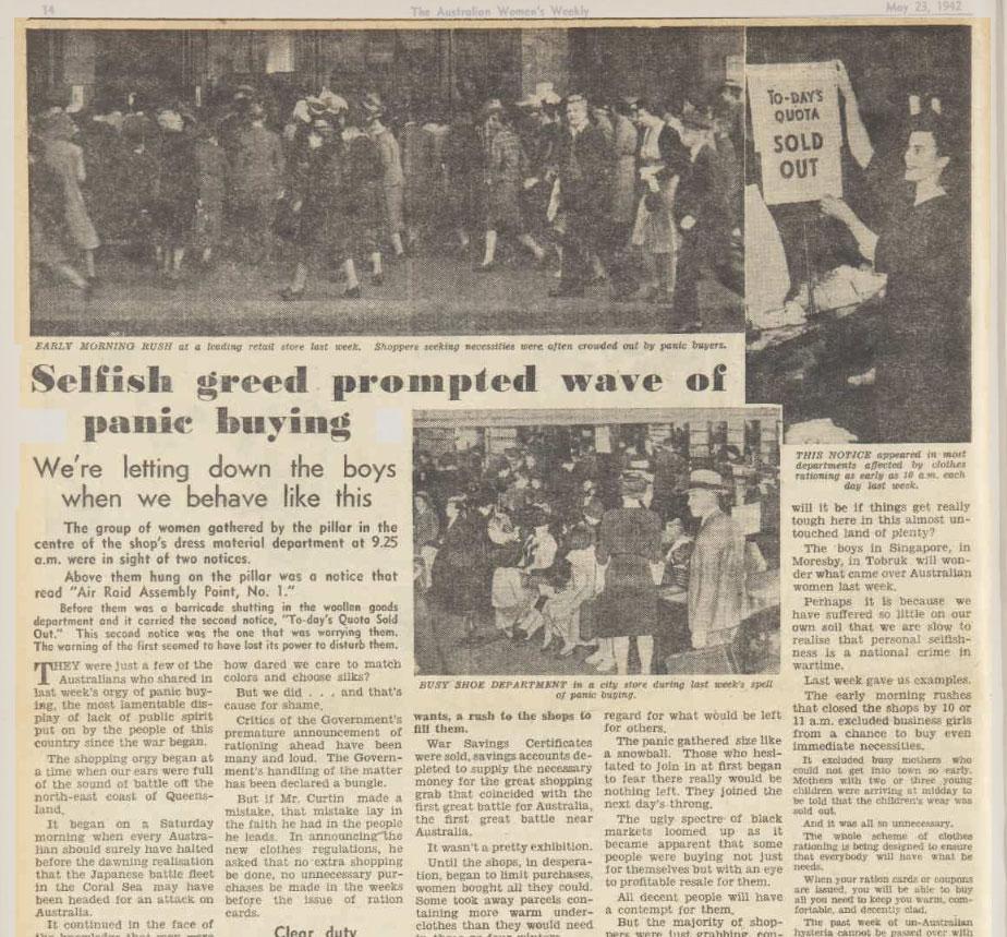 Selfish greed prompted wave of panic buying, 1942. NLA: Trove