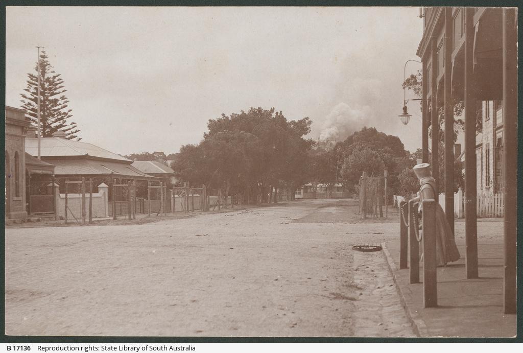 A view of Mount Breckan on fire from a street in Victor Harbor, as a woman watches on, 1909. SLSA: B 17136 