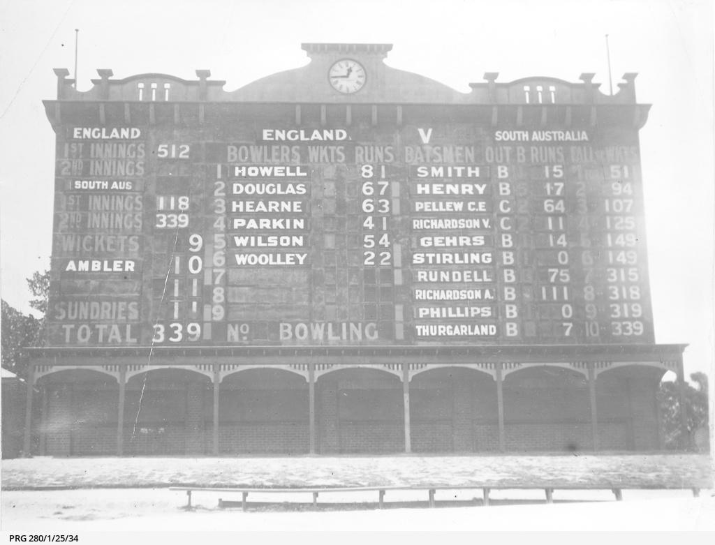 Adelaide Oval score board during a test match between England and South Australia, 1920. SLSA: PRG 280/1/25/34 