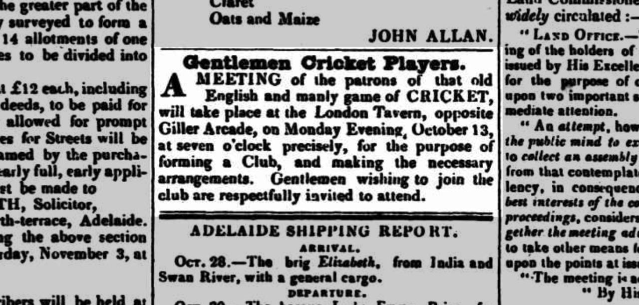 Cricket game advert in the Southern Australian, 3 Nov 1838