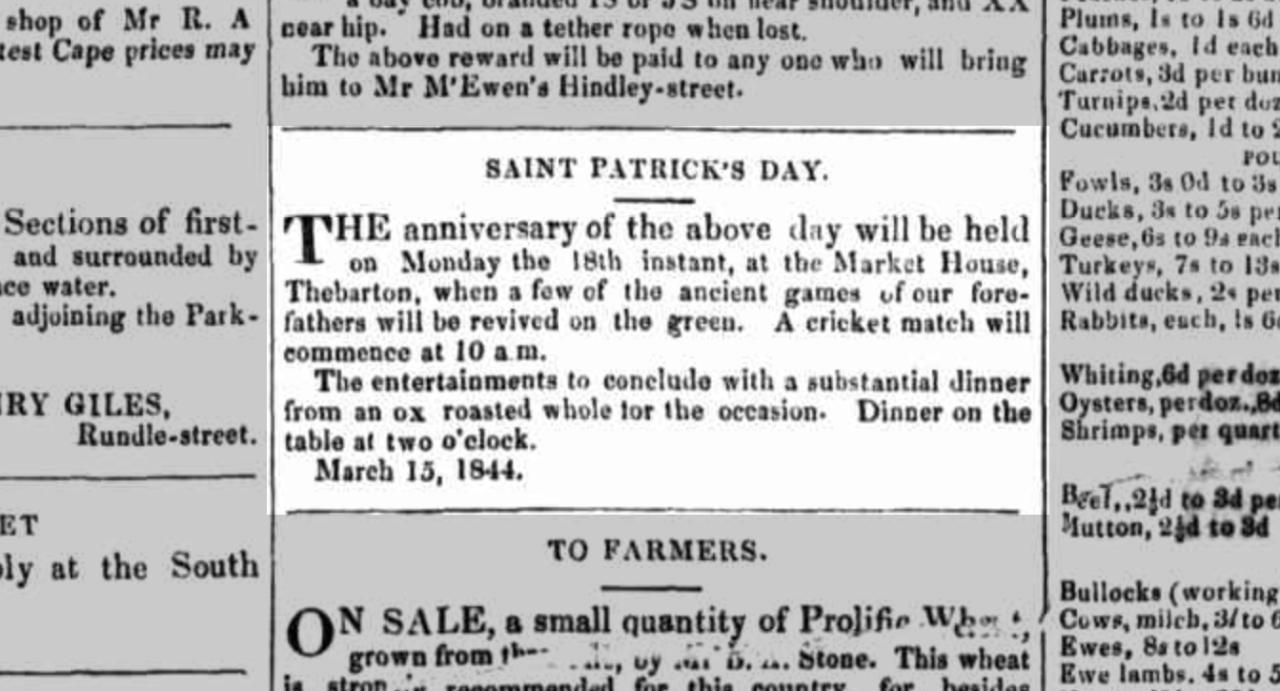 Saint Patrick's Day, cricket match advert, 1844.
