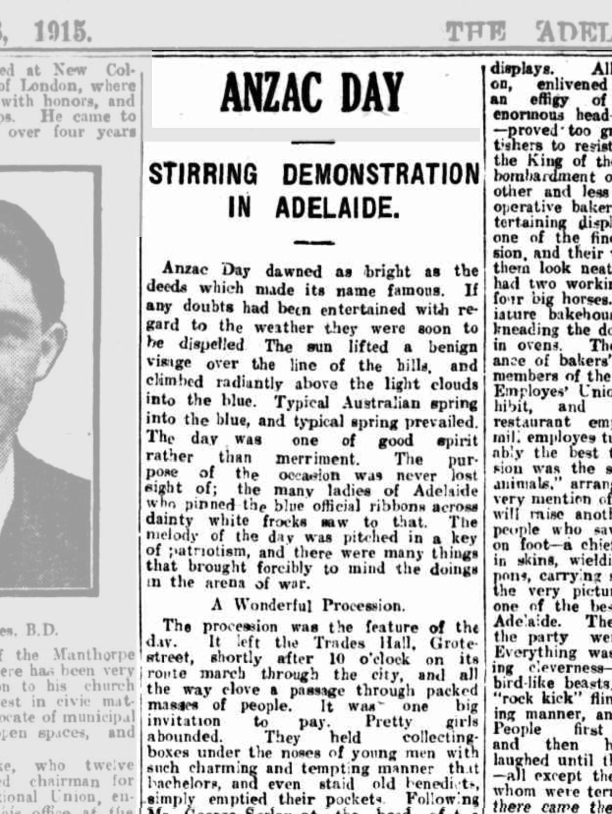 Extract from full coverage article ANZAC DAY (1915, October 16). Chronicle (Adelaide, SA : 1895 - 1954), p. 35. NLA: Trove 