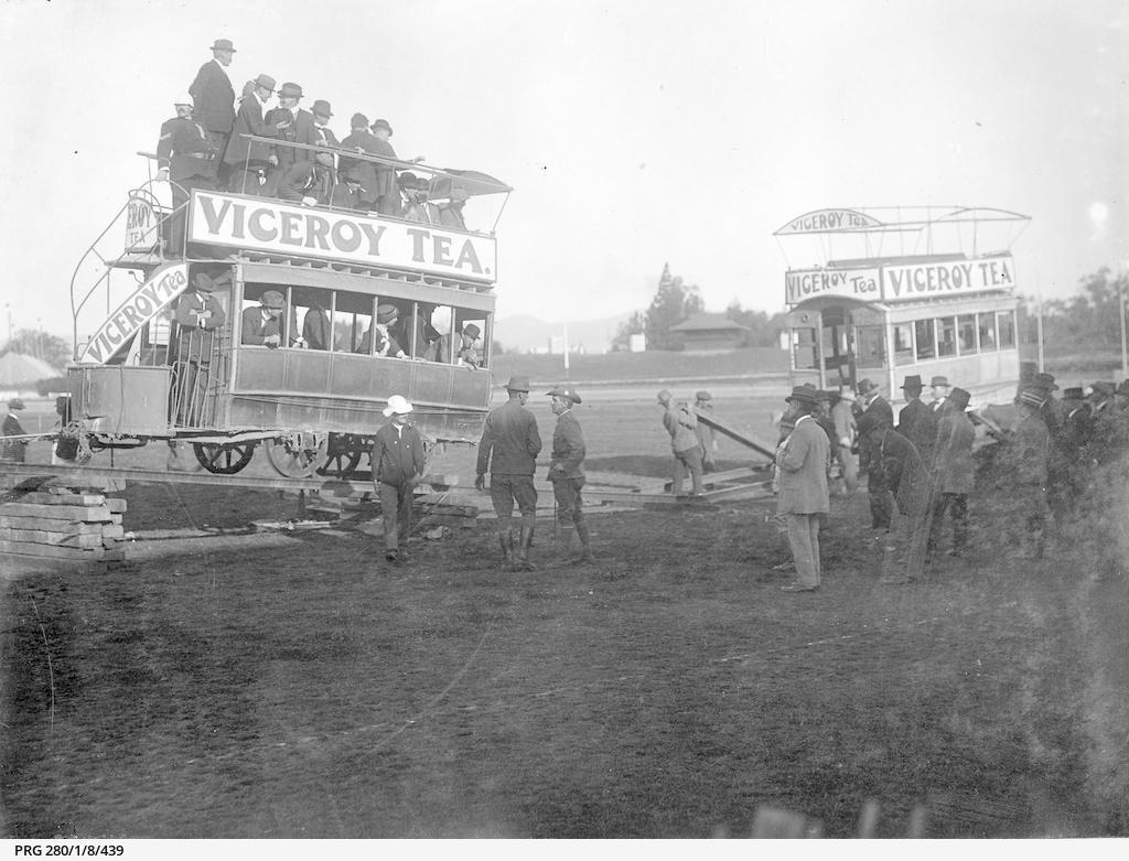 At the Adelaide Oval setting up before the explosion, the old trams are being put on the tracks for the big bang moment. Adelaide Oval SLSA: PRG 280/1/8/439  